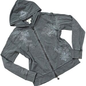 Y2K Studded Butterfly Embroidered Rhinestone Zip Up Hoodie Gray XL Y2K